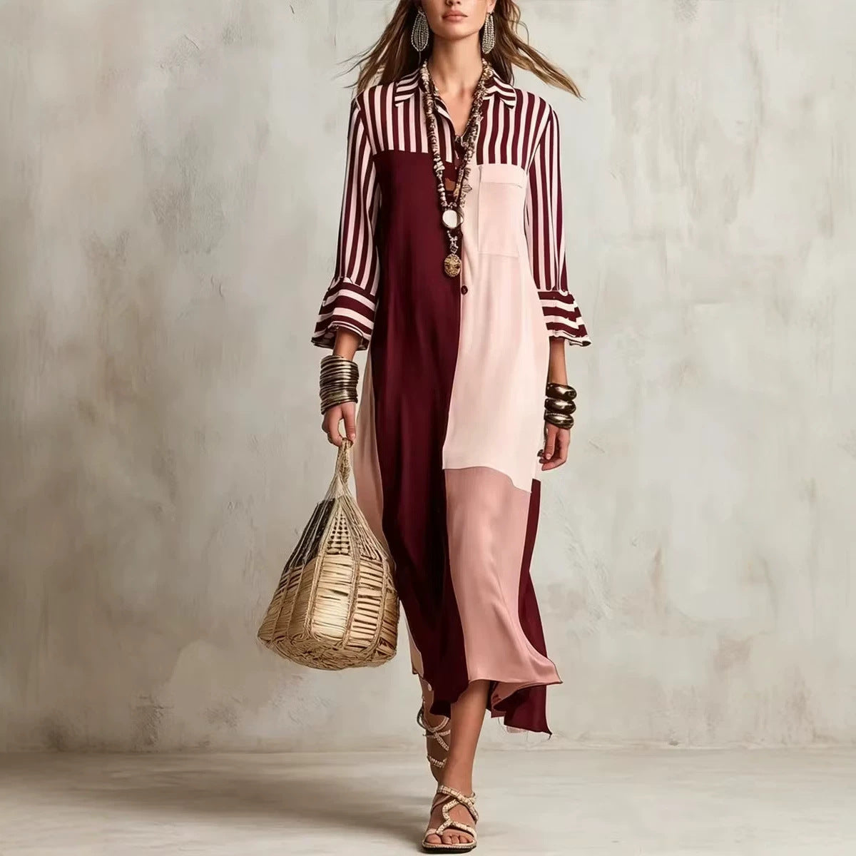 Colorblock Striped Asymmetric Shirt Dress