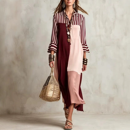 Colorblock Striped Asymmetric Shirt Dress