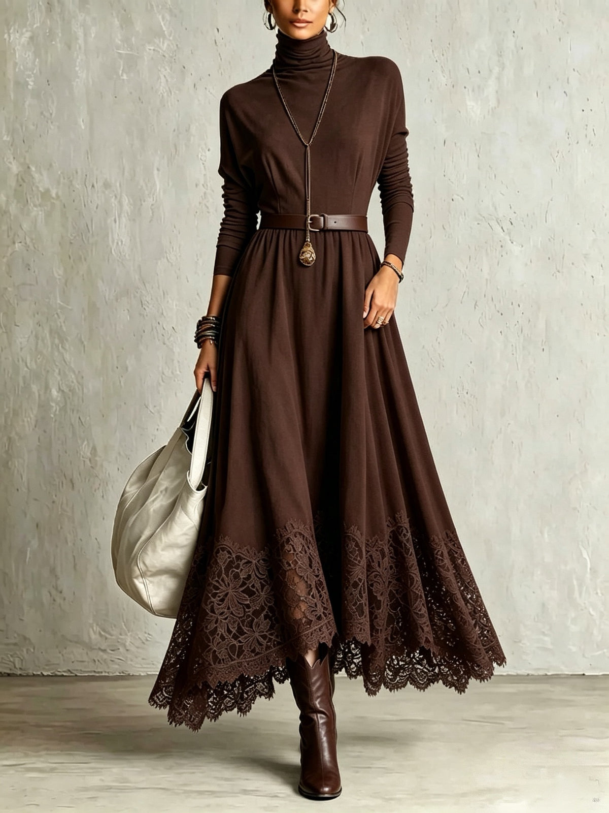 Lace-Trimmed Turtleneck Maxi Dress