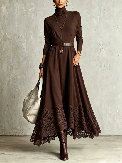 Lace-Trimmed Turtleneck Maxi Dress