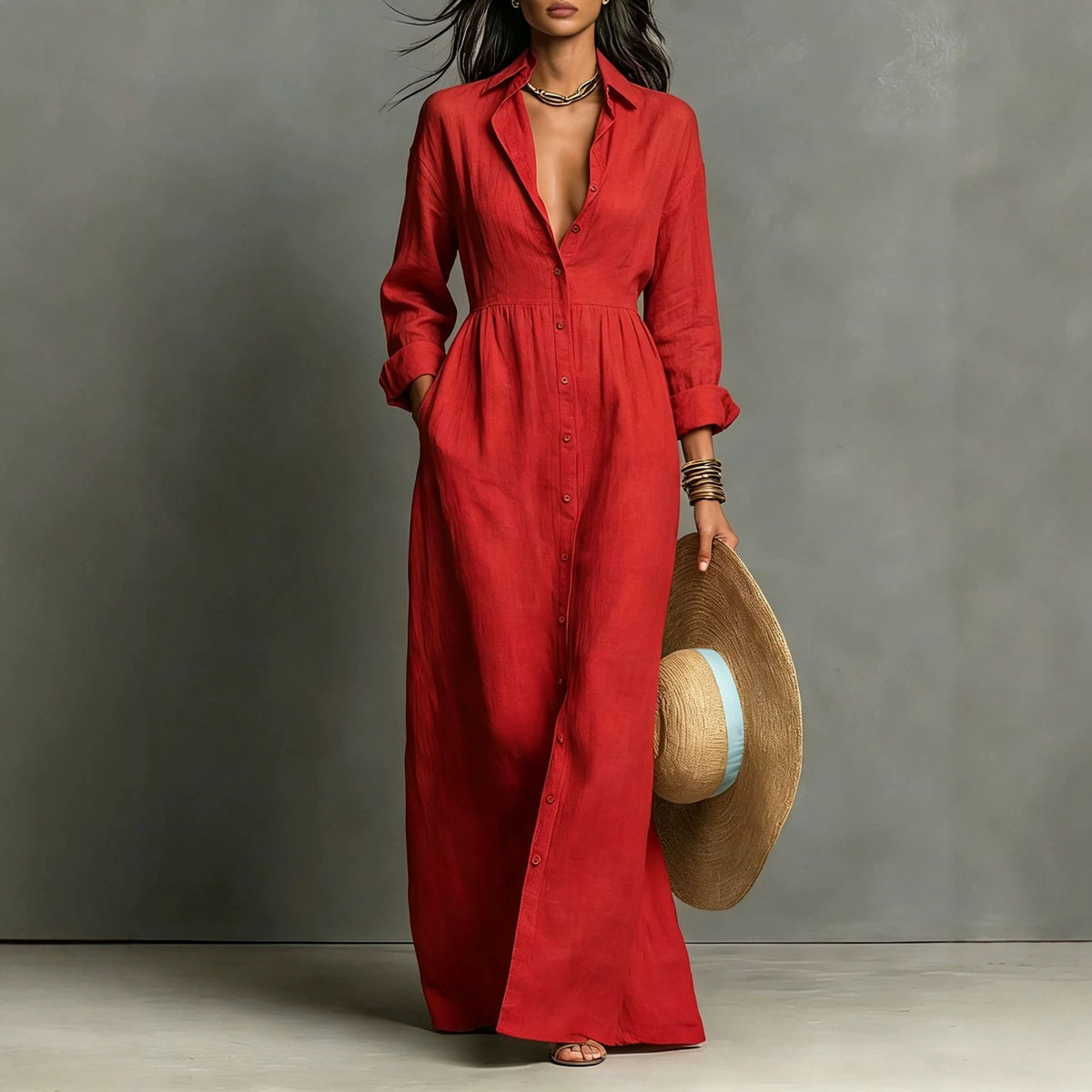 Linen Blend Relaxed Button-Front Maxi Shirt Dress