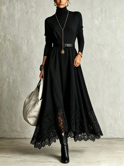 Lace-Trimmed Turtleneck Maxi Dress