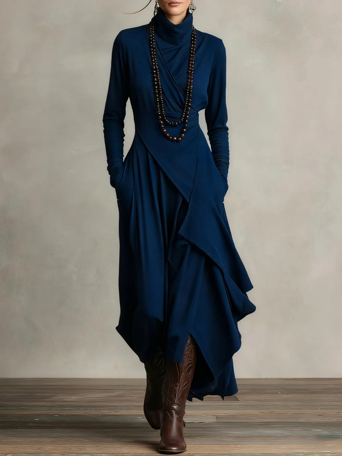 Seraphina | Asymmetric Draped Turtleneck Maxi Dress