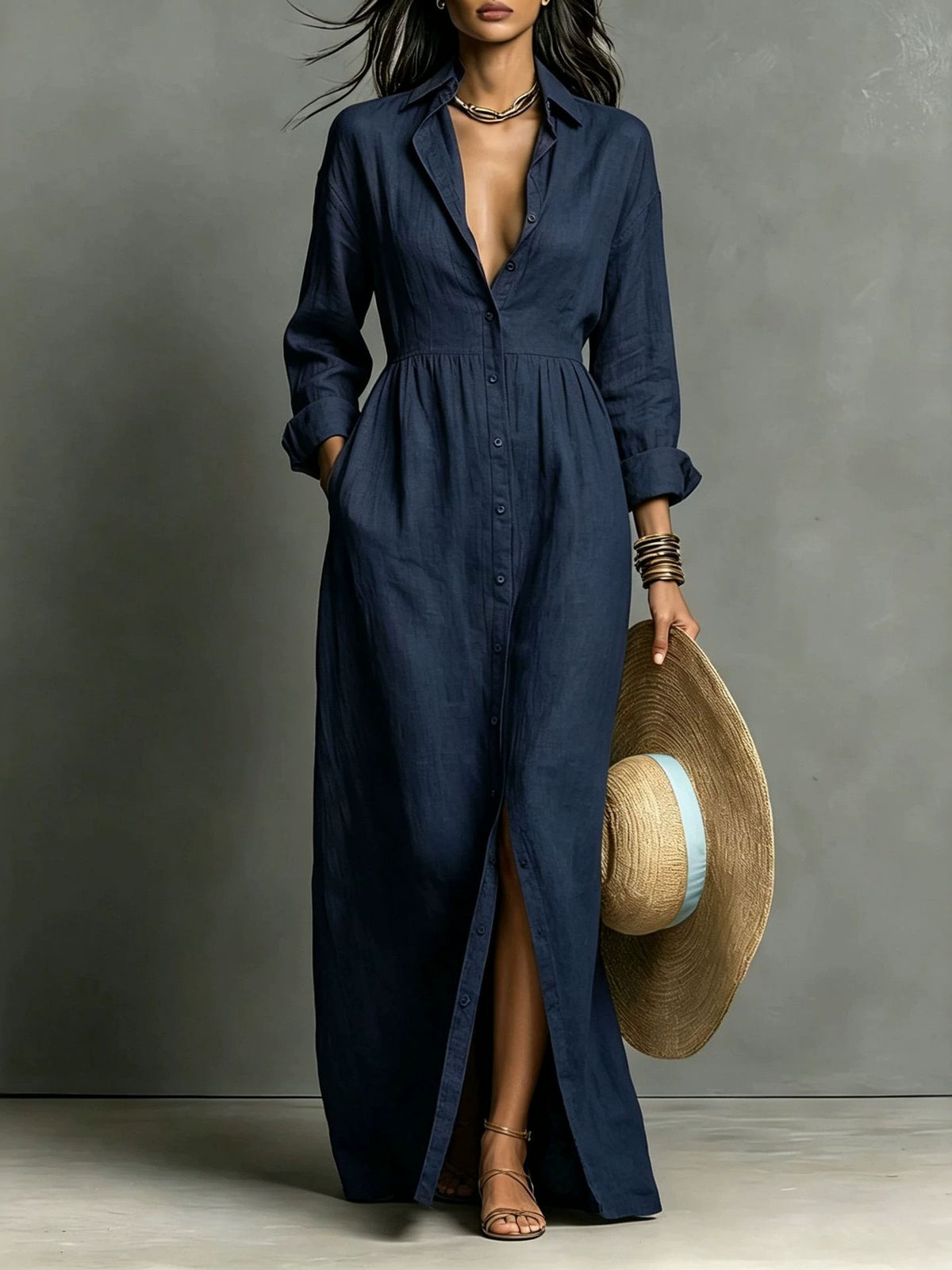 Linen Blend Relaxed Button-Front Maxi Shirt Dress