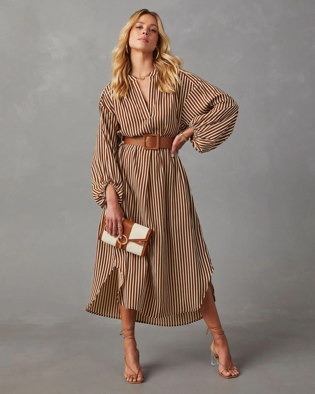 Striped Belted Midi Shirt Dress