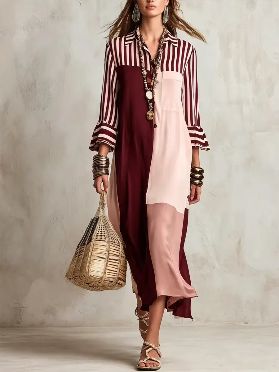 Colorblock Striped Asymmetric Shirt Dress