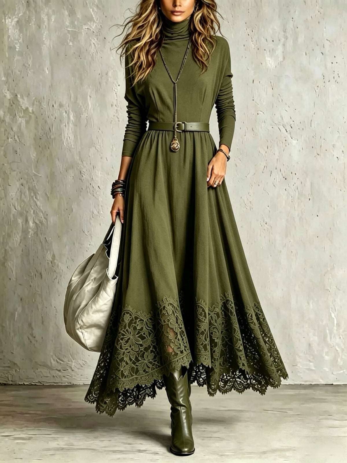 Lace-Trimmed Turtleneck Maxi Dress