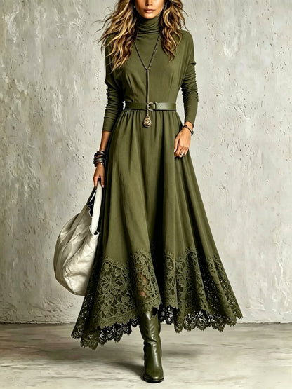 Lace-Trimmed Turtleneck Maxi Dress