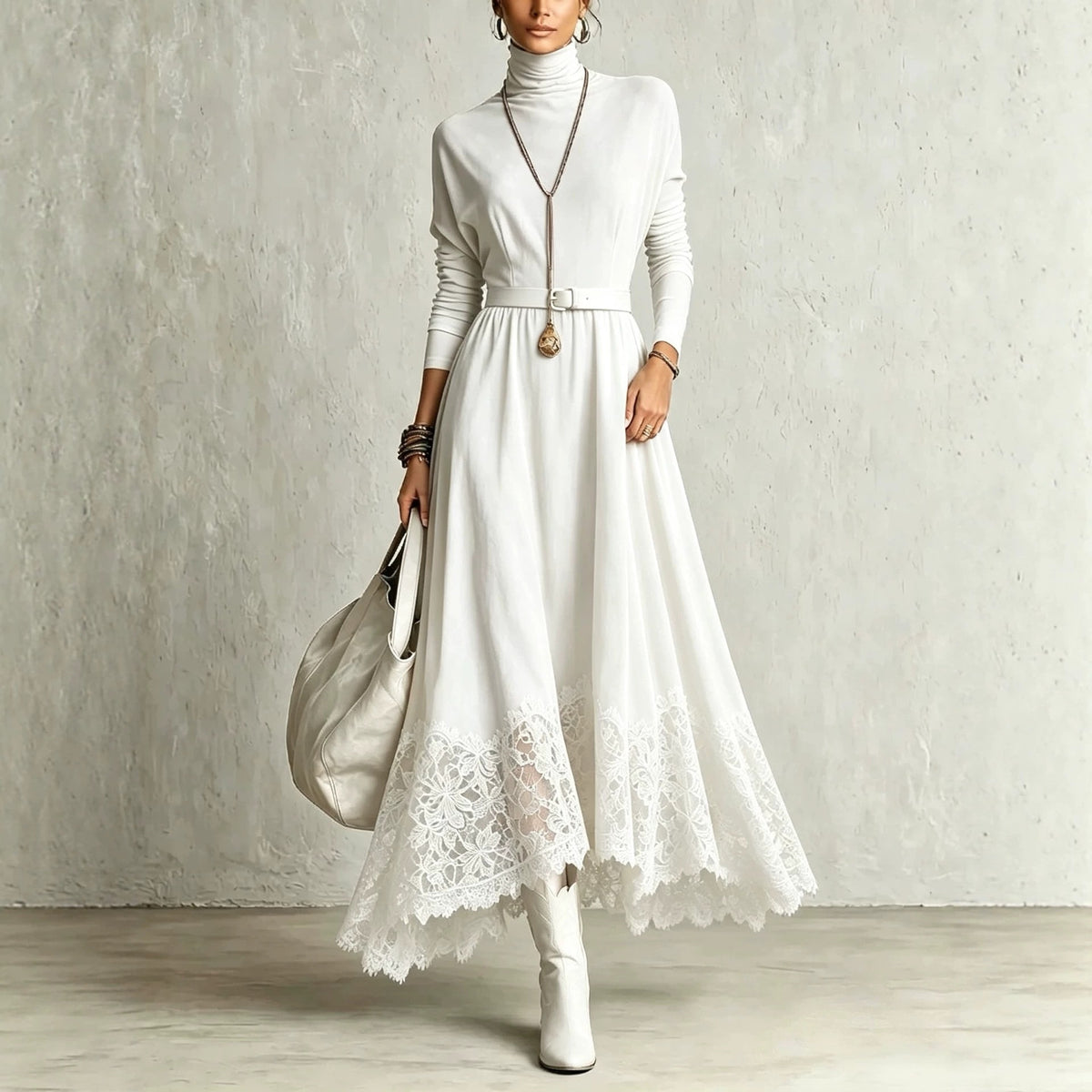 Lace-Trimmed Turtleneck Maxi Dress