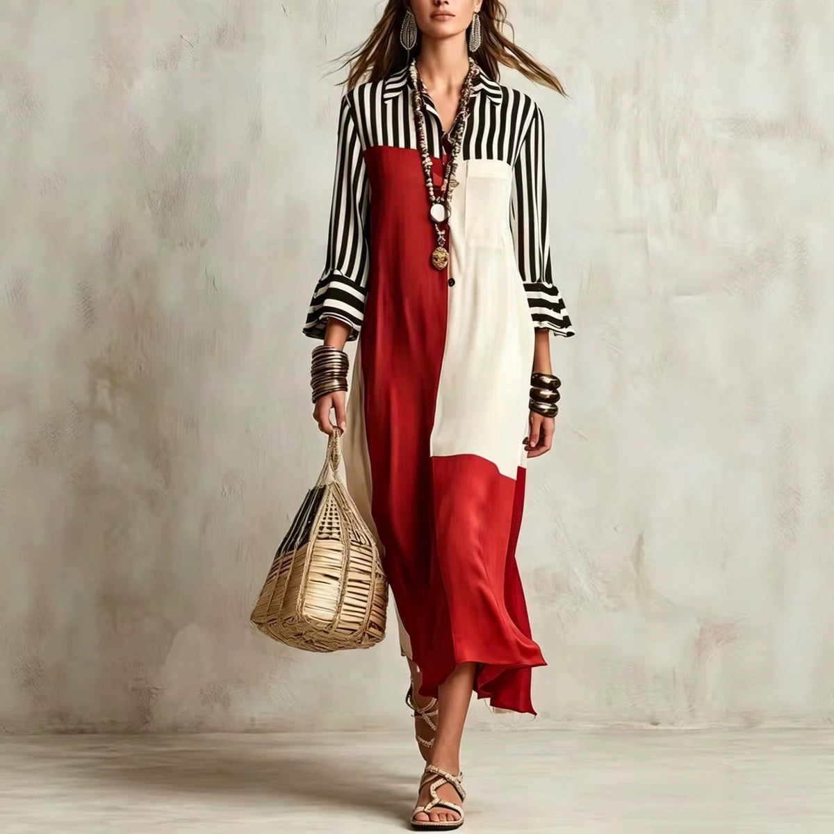 Colorblock Striped Asymmetric Shirt Dress
