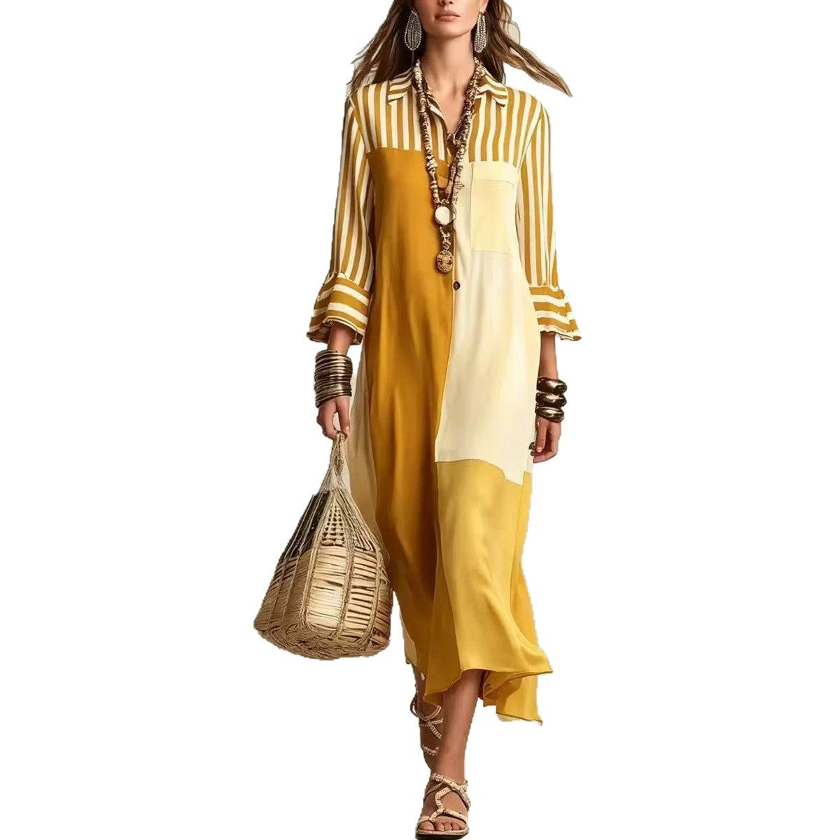 Colorblock Striped Asymmetric Shirt Dress