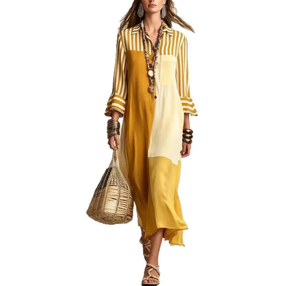 Colorblock Striped Asymmetric Shirt Dress