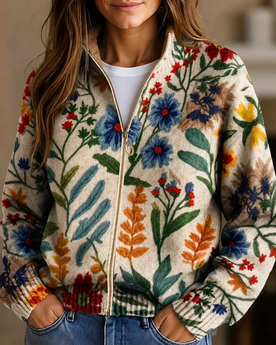 Flora | Painted Wildflower Zip Cardigan