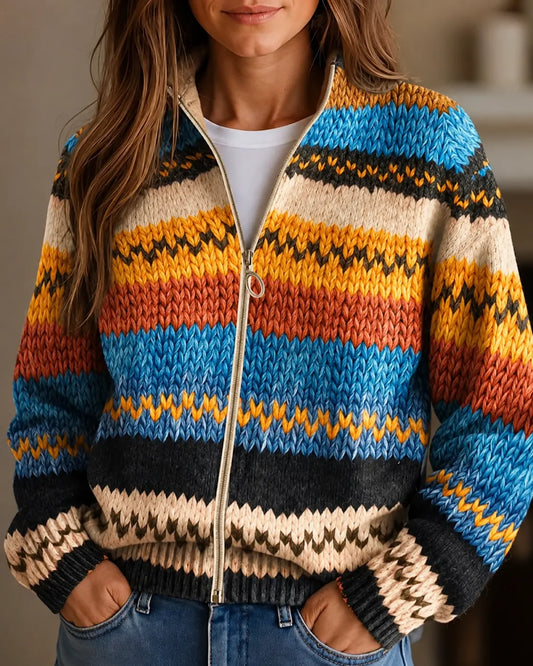 Autumn | Cozy Stripe Knit Zip Cardigan