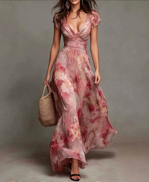 Watercolor Ruched Maxi Dress