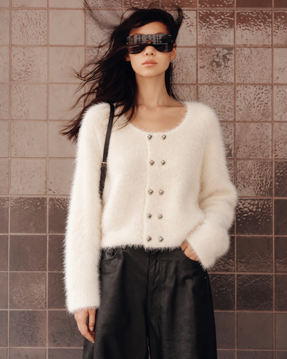 Celestine Soft Fuzzy Heart-Button Cardigan
