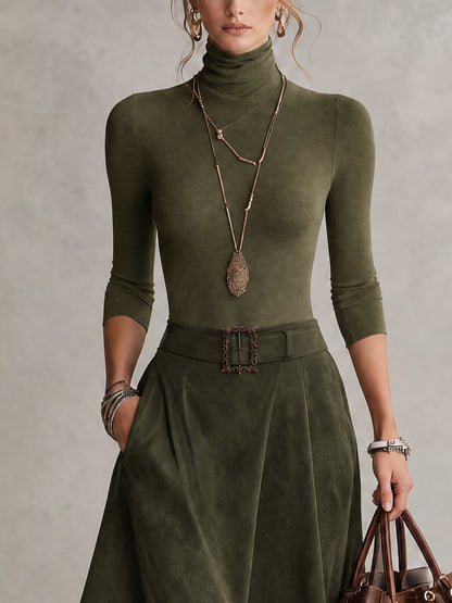Olive Green Stretch Turtleneck Top And Asymmetrical Faux Suede Skirt Set (with belt)