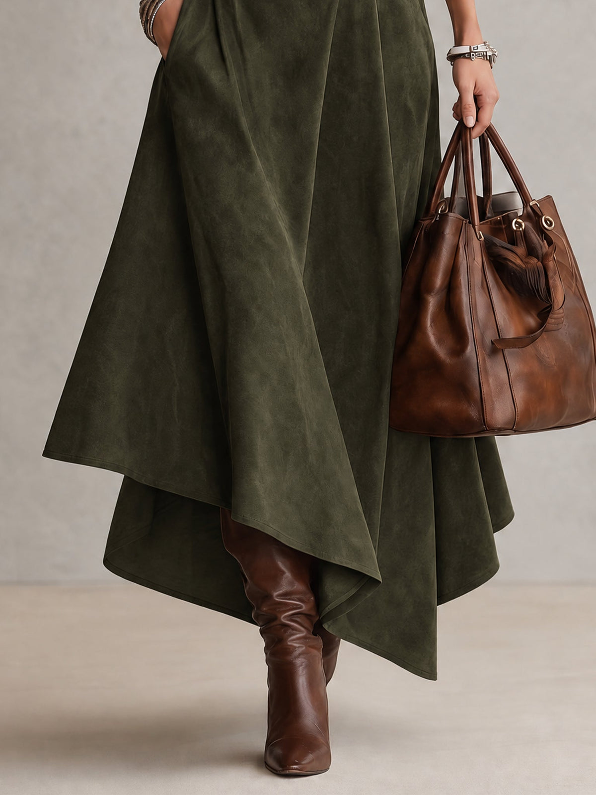 Olive Green Stretch Turtleneck Top And Asymmetrical Faux Suede Skirt Set (with belt)
