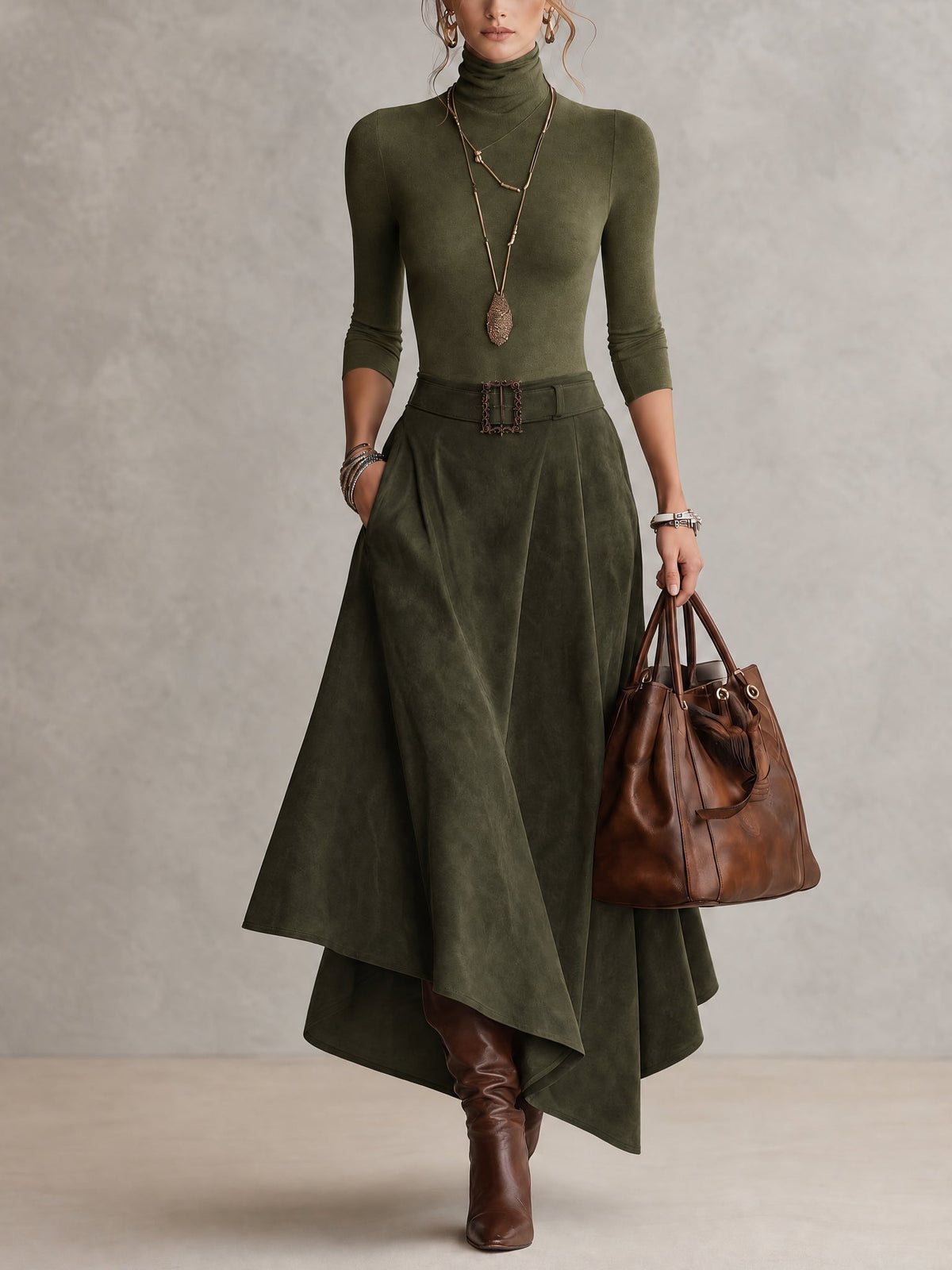 Olive Green Stretch Turtleneck Top And Asymmetrical Faux Suede Skirt Set (with belt)