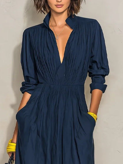 Navy Blue Pleated V-neck Long Dress