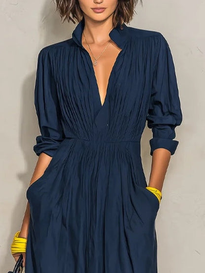 Navy Blue Pleated V-neck Long Dress
