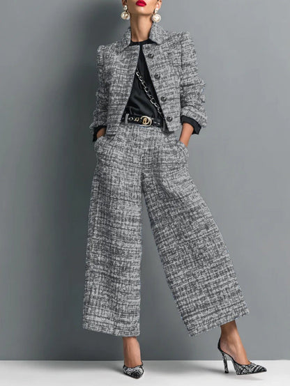 Tweed Print Blend Single-Breasted Cropped Jacket And Wide-Leg Pants Set
