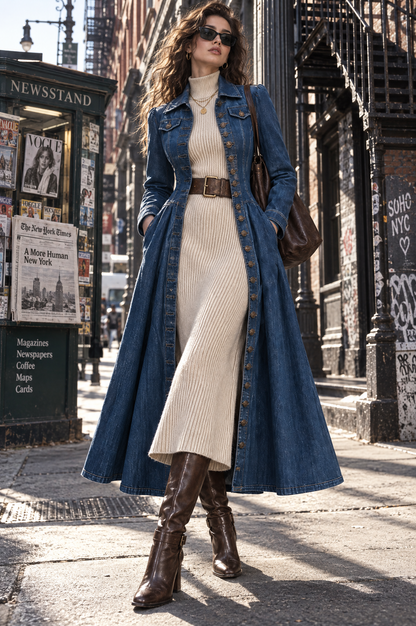 Retro Single-breasted Long Fitted Denim Trench Coat