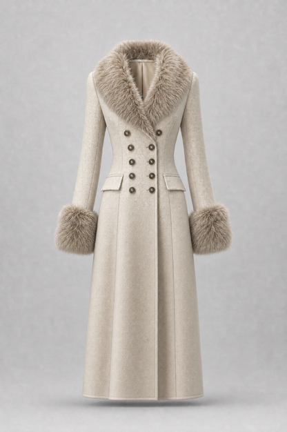 Quiet Luxury Fur-trimmed Collar Double-breasted Wool-blend Coat With Waist-cinching Fit