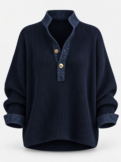 Women's Ribbed Knit Denim Collar Button Down Long Sleeve Top