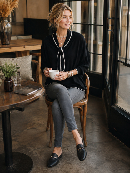 Women's Contrast Trim Tie-Neck Long Sleeve Top