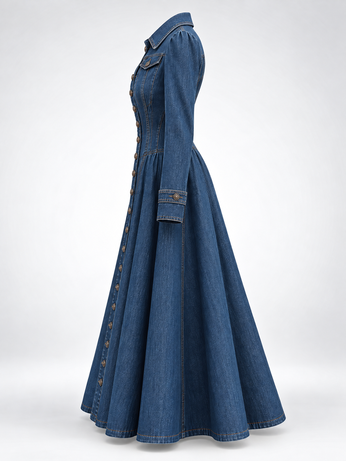 Retro Single-breasted Long Fitted Denim Trench Coat