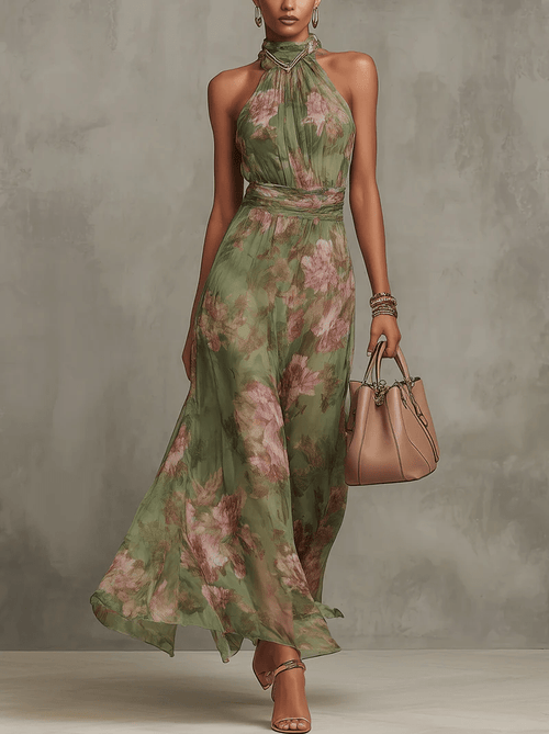 Adèle™ | Floral Chiffon Halter Maxi Dress