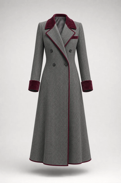 Elegant Herringbone Wool Long Coat with Velvet Trim