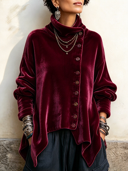 Chic Velvet Asymmetric Button Turtleneck Top