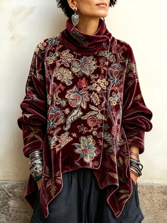 Vintage Floral Print Velvet Long Top