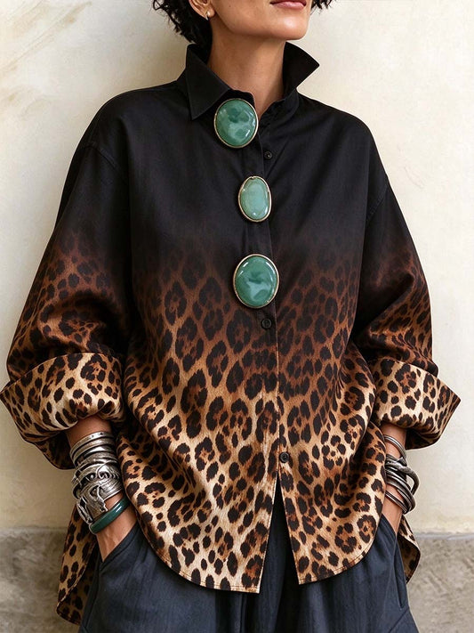 Women's Ombre Leopard Print Oversized Button-Down Shirt.