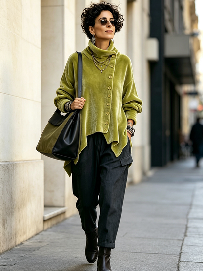 Chic Velvet Asymmetric Button Turtleneck Top