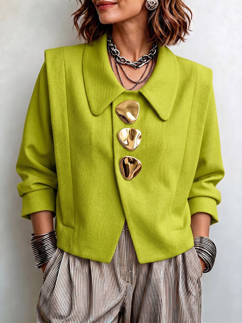 Chic Sculptural Gold-Buttoned Tailored Jacket