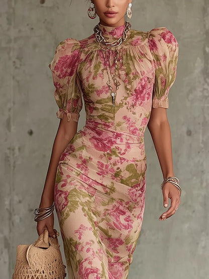 Océane™ | Vintage Rose Print Maxi Dress with Puff Sleeves (Accessories not included)