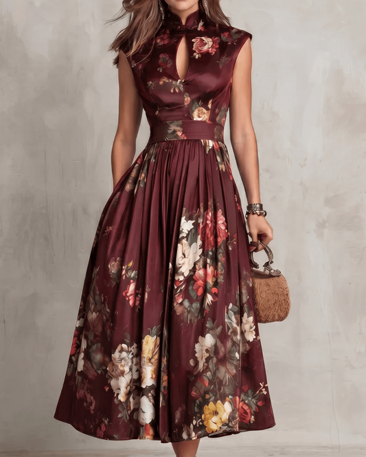 French Collar Floral Pleated Satin Midi Dress