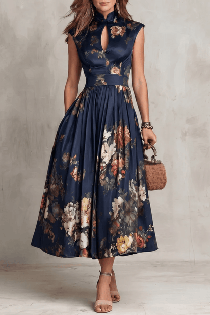 Rosalie™ | Keyhole Collar Floral Pleated Satin Midi Dress
